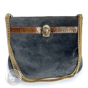 Vintage Ruth Saltz Shoulder Bag Retro 80s Gray Suede Tan Snakeskin Cougar Head